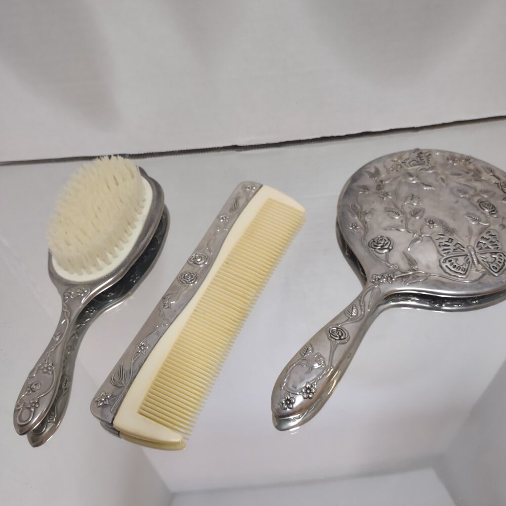 Vintage Silver Plated Mirror Brush Comb Set Butterfly Floral Gift